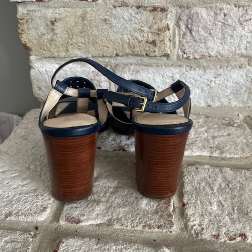 Navy Blue Cole Haan Strappy High Block Heel Sexy Sandal 5M Excellent Condition - Picture 3 of 4